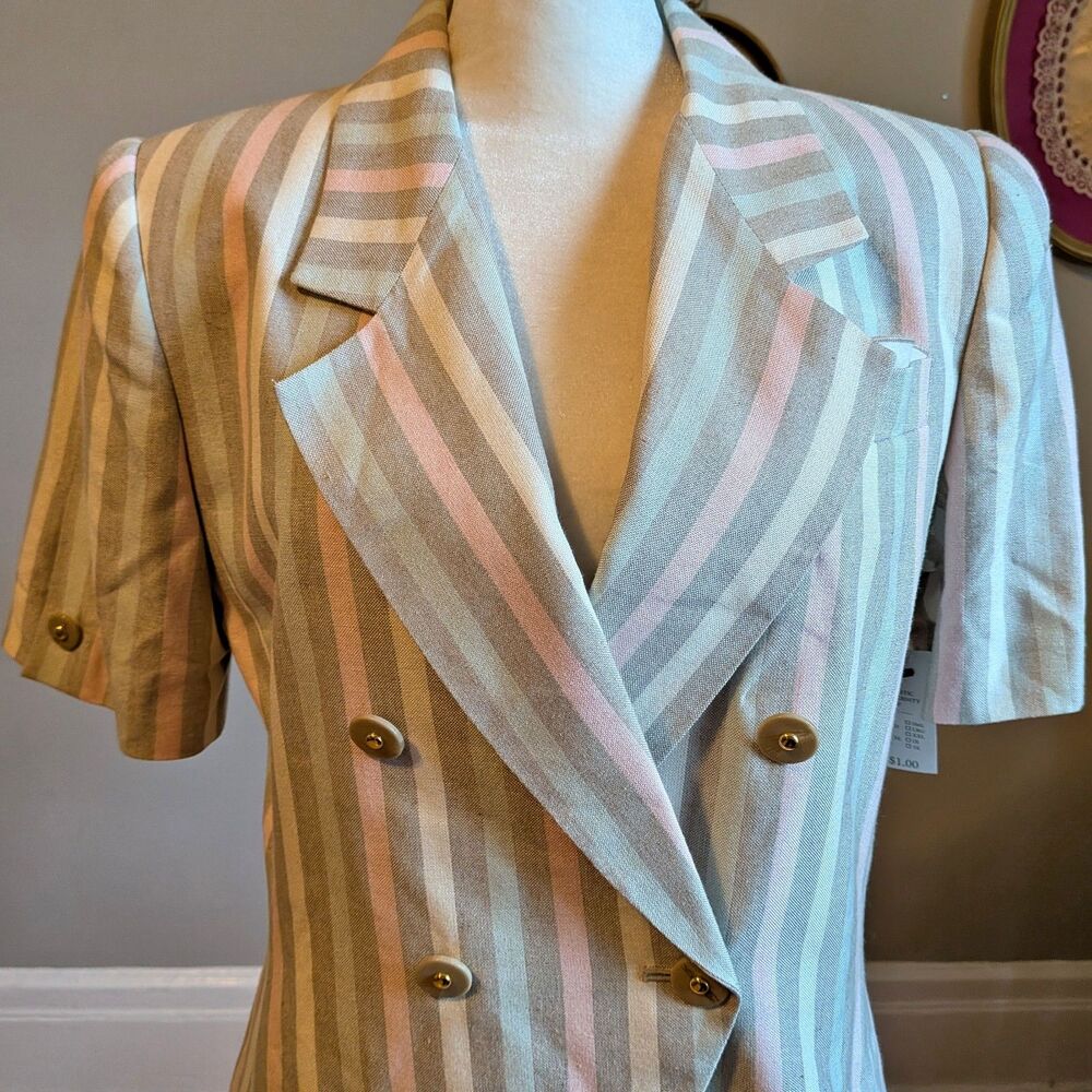 Vintage 90s Kasper Striped Blazer Pastel Linen Double Breasted Light Academia 6P - Picture 5 of 13